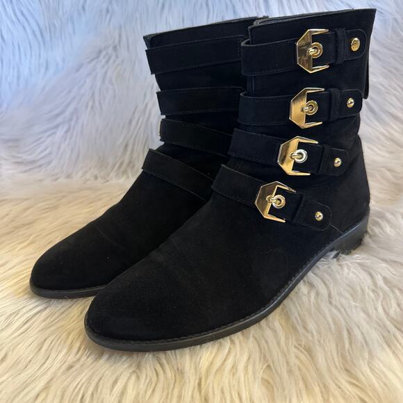 Stuart Weitzman Jitterbug Buckle Moto Boots Suede Flat Ankle Boots Black - Picture 5 of 13